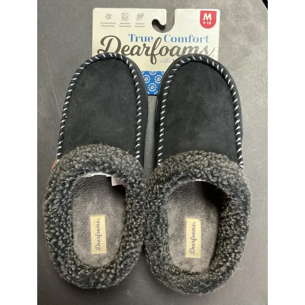 NEW! Dearfoams Men's Slippers Microsuede Moccasin Shoes Black Size‎ 9-10